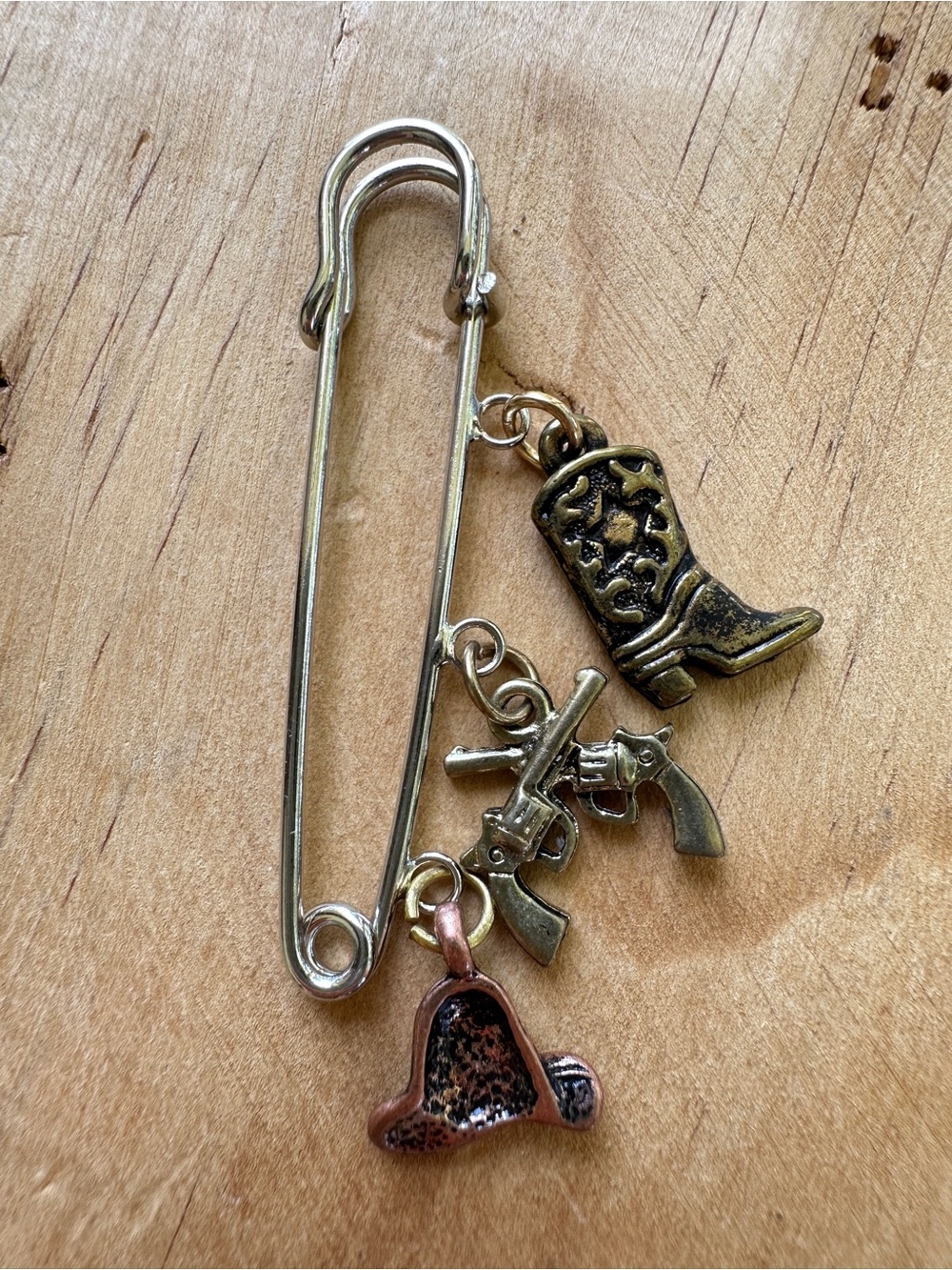 Western Charm Safety Pin Brooch in Mixed Metal